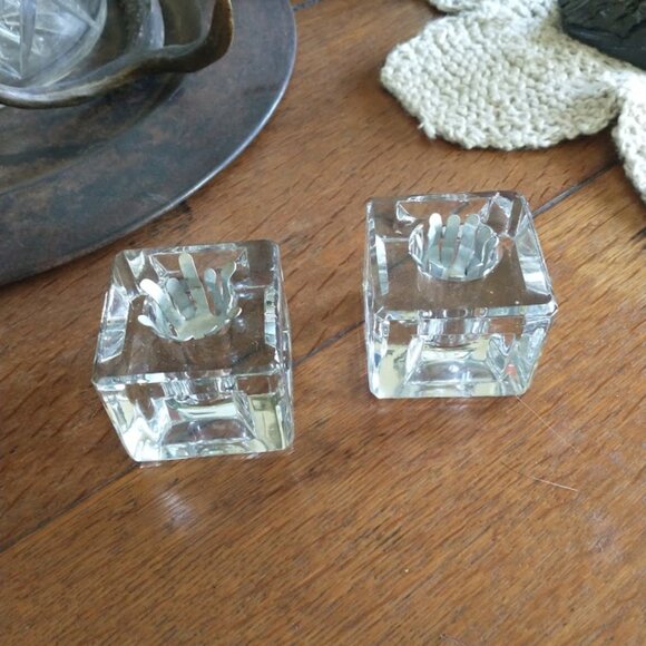 Candlestick Holders (2) Crystal Candlestick Holders Vintage Cube Shaped - Picture 1 of 2